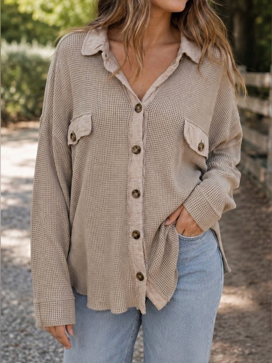 BiBi Tops - BiBi Beige Waffle Knit Button-Down Oversized Shacket - Size L NWT